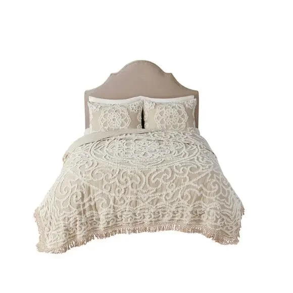 Madison Park King Bedspread Set Beige Chenille Tufted 3pc Luxury Bedding - Picture 5 of 9